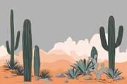 Mexico pattern with opuntia, agave, and saguaro cacti. Mountains background.