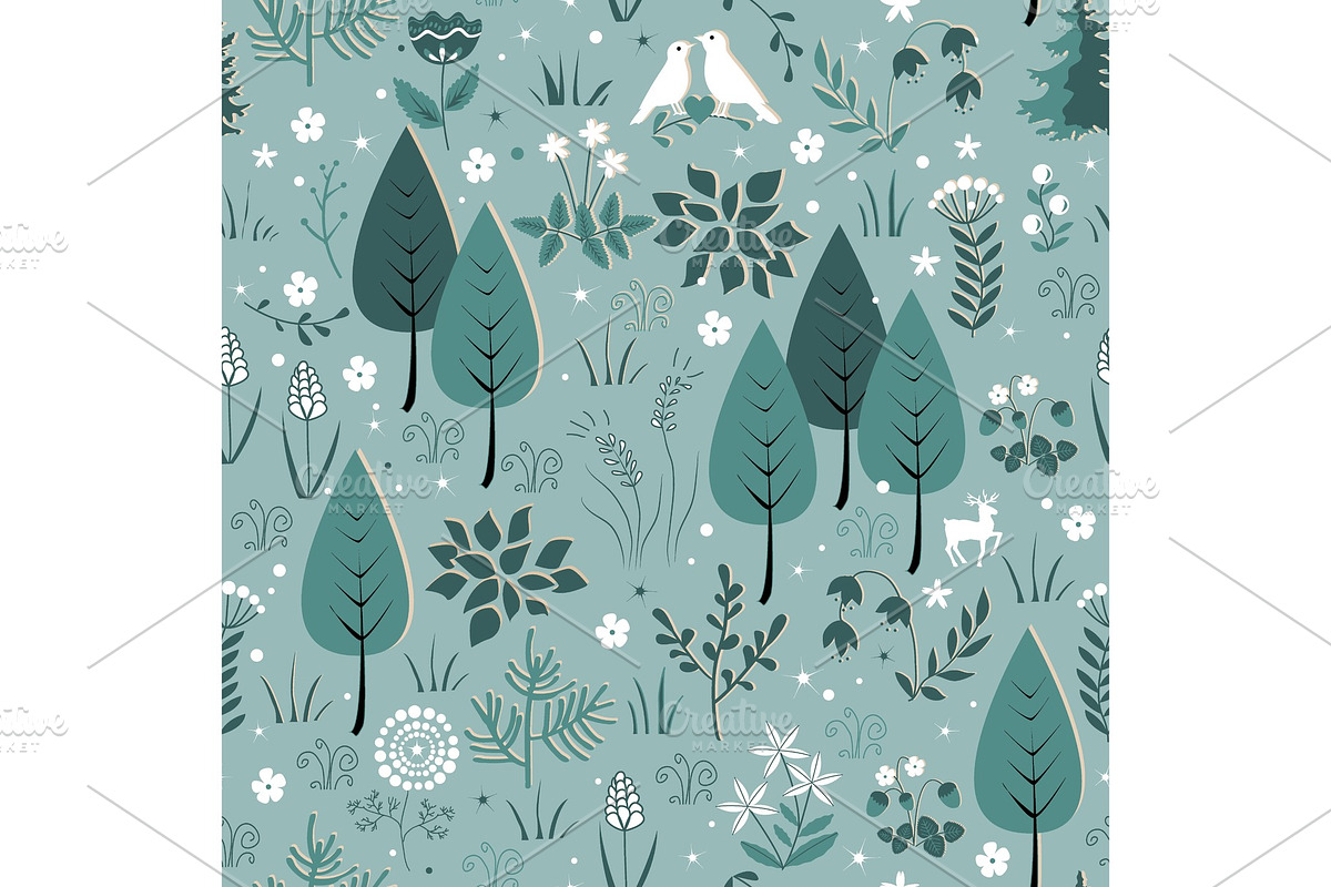 Spring pattern with birds, flowers, and trees. Gentle spring forest background in Illustrations - product preview 8