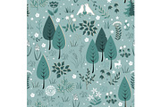 Spring pattern with birds, flowers, and trees. Gentle spring forest background