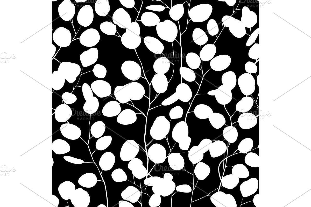 Seamless pattern with eucalyptus silhouette. Floral ornament with silver dollar eucalyptus branches. Black and white, in Illustrations - product preview 8