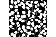Seamless pattern with eucalyptus silhouette. Floral ornament with silver dollar eucalyptus branches. Black and white,