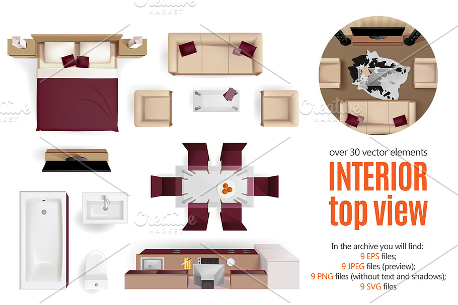 Home Interior Top View Set in Illustrations - product preview 8
