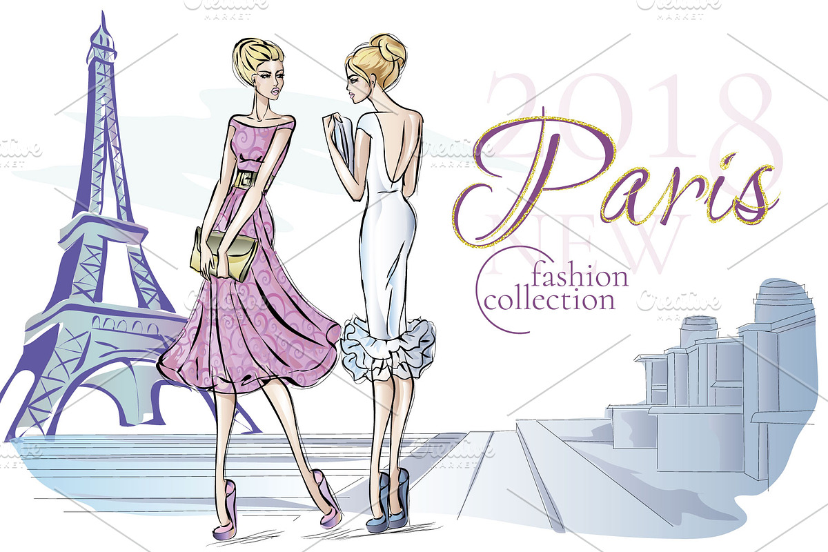 Set of 11 Fashion Girls in Paris in Illustrations - product preview 8