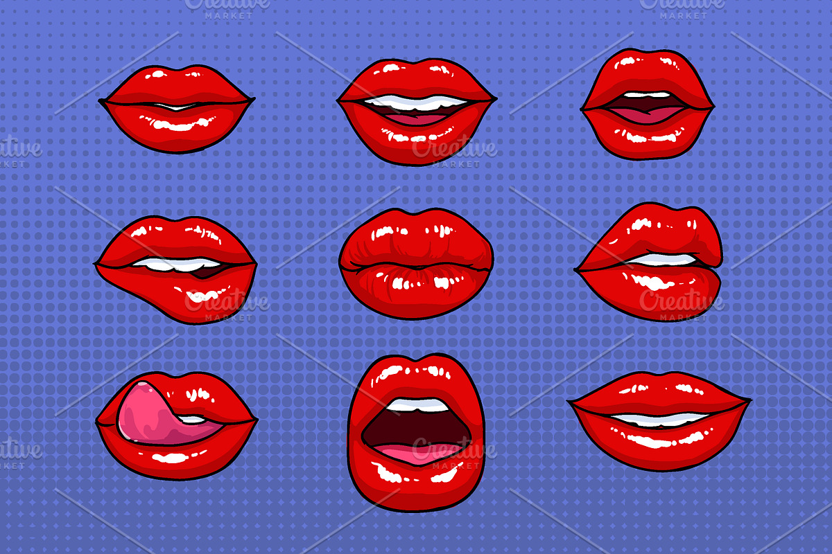 Set of different female red lips in Illustrations - product preview 8