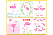 Flamingo or tropical birds illustration for party card. Summer exotic background. Vintage cute banner or spring holiday set.