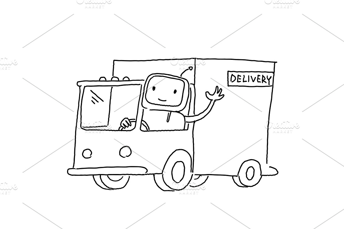 Robot on the truck. Goods delivery. Sketch, drawing by hand. Hand drawn black line vector illustration. in Illustrations - product preview 8