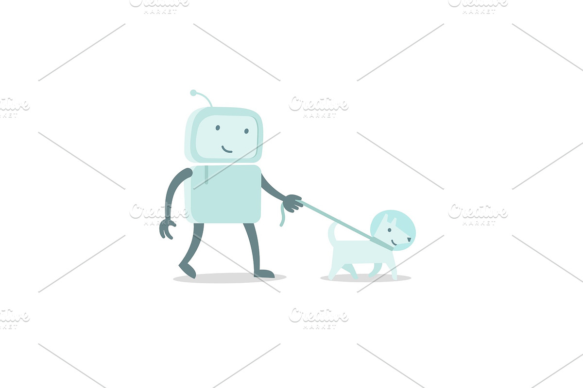 Robot character astronaut man walk with dog on a leash. Flat color vector illustration in Illustrations - product preview 8