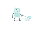 Robot character astronaut man walk with dog on a leash. Flat color vector illustration