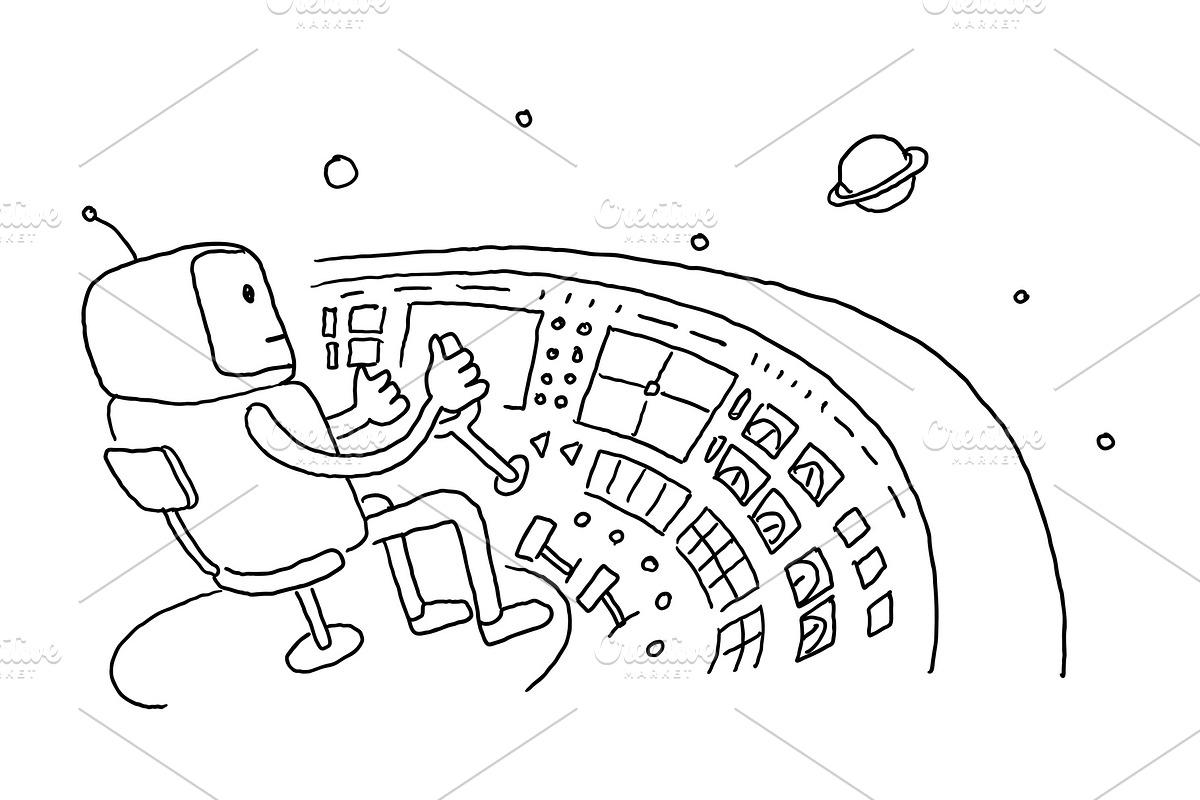 Sketch astronaut man robot alien character on flying saucer in space. Flying saucer driver wheel. Hand drawn black line vector illustration. in Illustrations - product preview 8