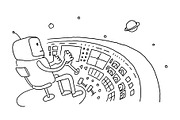 Sketch astronaut man robot alien character on flying saucer in space. Flying saucer driver wheel. Hand drawn black line vector illustration.