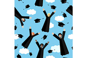 Happy Graduates flying in the air with graduation hats. Jumping Students and Graduation Caps. Vector seamless pattern