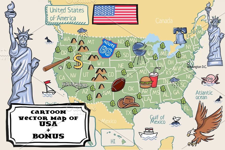Cartoon map of USA + bonus pattern in Illustrations - product preview 8