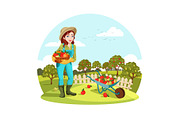 Woman or female gardener holding apples, pears