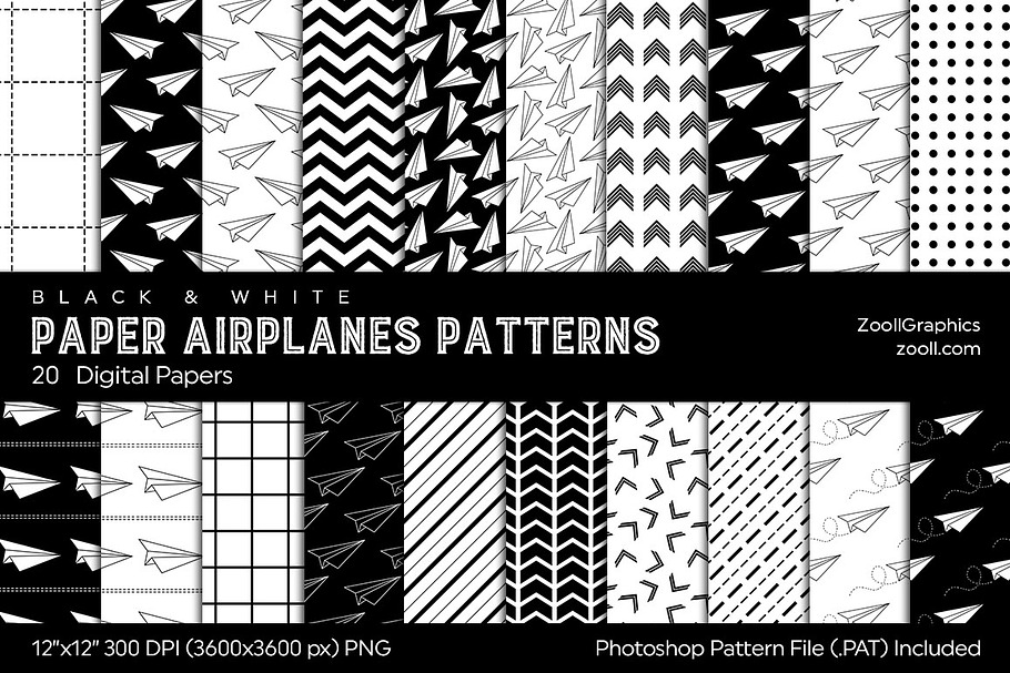 Paper Airplanes Digital Papers B&W