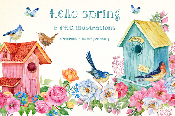 Hello spring watercolor illustration