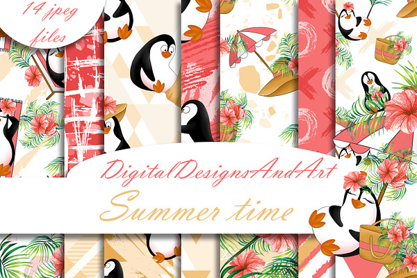 Beach penguins digital paper