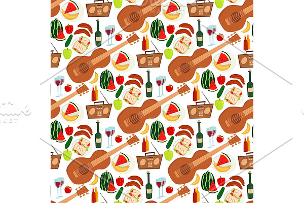 Summer picnic basket products wine seamless pattern background vector illustration in flat style.