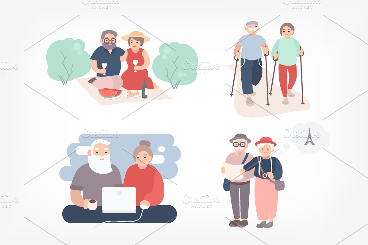 Set of happy elderly couple in Illustrations - product preview 8