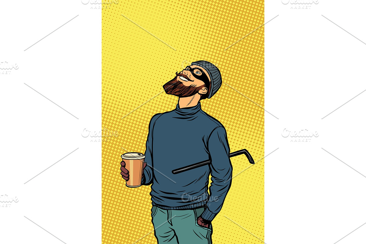 Robber thief hacker drinks coffee and looks up in Illustrations - product preview 8