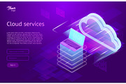 Isometric vector illustration showing the cloud computing services concept laptop and web servers. Cloud data storage.. Ultraviolet colors