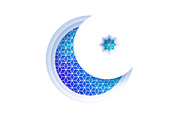 Arabic blue crescent moon window arch in paper cut style. Origami Ramadan Kareem greeting cards. Arabesque pattern. Holy month of muslim. Symbol of Islam