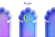 Arabic window arch in paper cut style. Origami Ramadan Kareem greeting cards. Arabesque pattern. Crescent Moon. Holy month of muslim. Symbol of Islam.