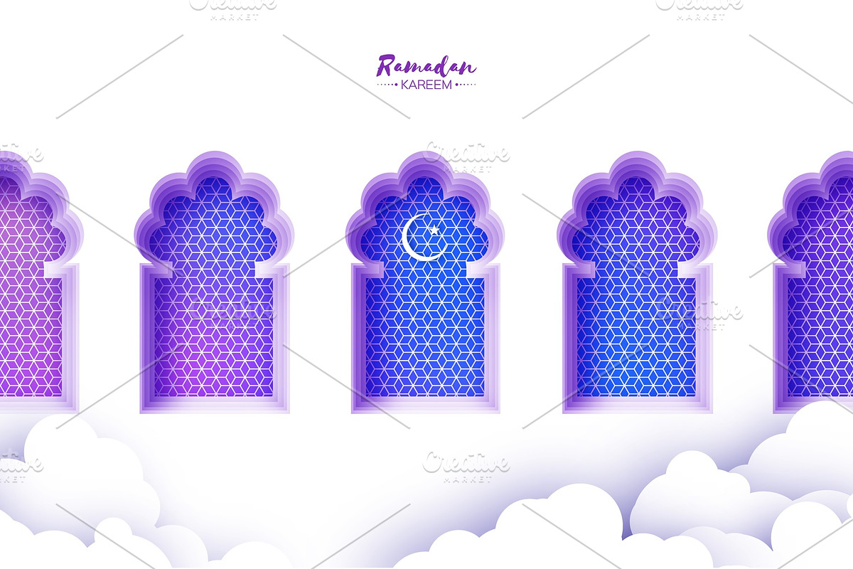 Arabic window arch in paper cut style. Origami Ramadan Kareem greeting cards. Arabesque pattern. Crescent Moon. Holy month of muslim. Symbol of Islam. in Illustrations - product preview 8
