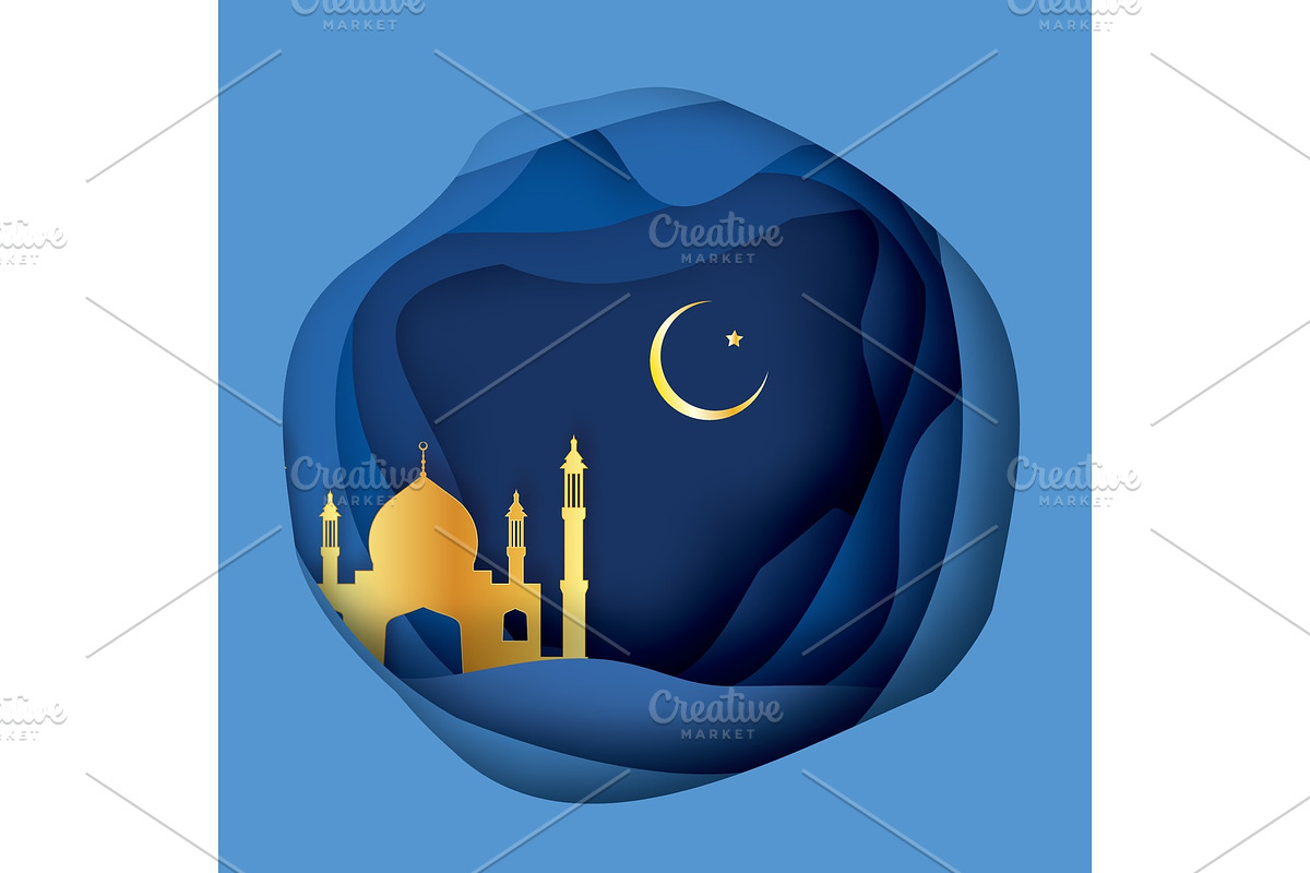 Ramadan Kareem Greeting card with arabic Gold Origami Mosque. Holy month of muslim. Crescent Moon. in Illustrations - product preview 8