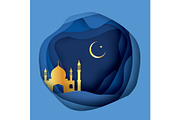 Ramadan Kareem Greeting card with arabic Gold Origami Mosque. Holy month of muslim. Crescent Moon.