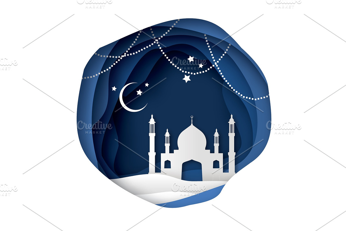 Ramadan Kareem Greeting card with arabic White Origami Mosque. Holy month of muslim. Crescent Moon. in Illustrations - product preview 8