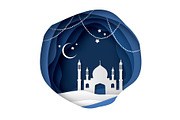 Ramadan Kareem Greeting card with arabic White Origami Mosque. Holy month of muslim. Crescent Moon.