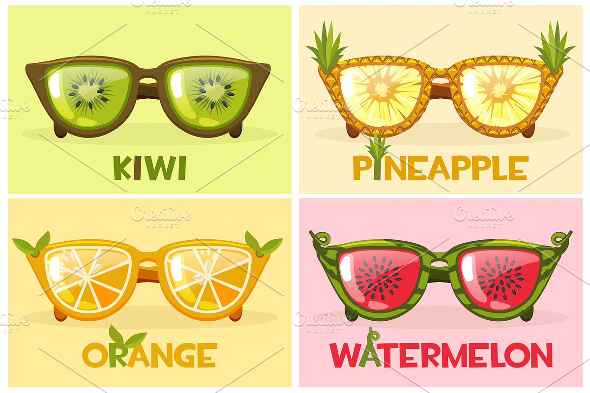 Set Fruit glasses, vector illustration Watermelon, orange, pineapple and kiwi in Graphics - product preview 8