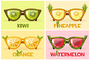 Set Fruit glasses, vector illustration Watermelon, orange, pineapple and kiwi
