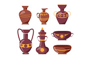 Ancient Clay Vases with Ethnic Ornaments Set