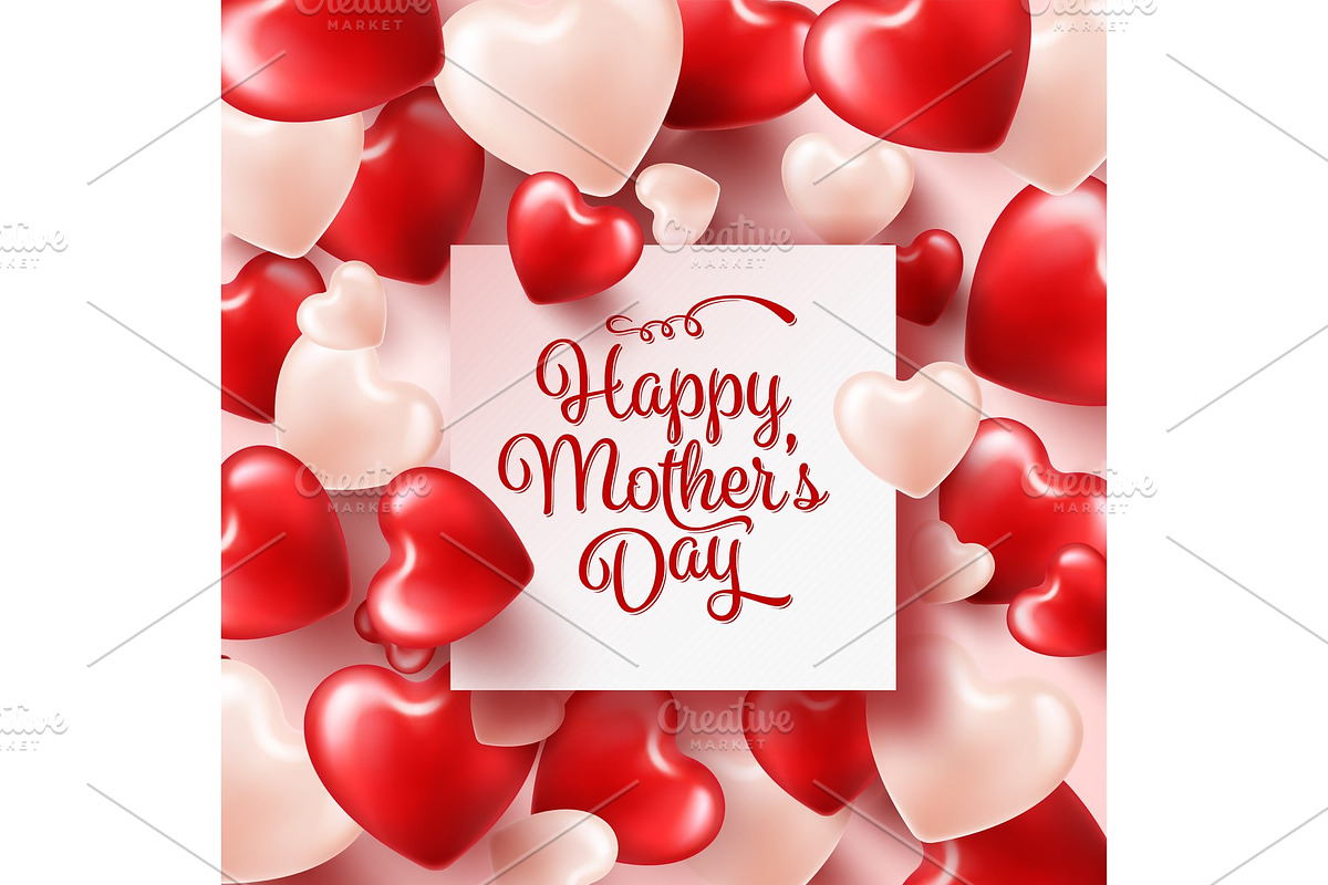 Mothers day background with red hearts. Greeting card, template with lettering. Heart shaped. Holiday. in Objects - product preview 8