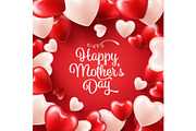 Mothers day background with red hearts. Greeting card, template with lettering. Heart shaped. Holiday.