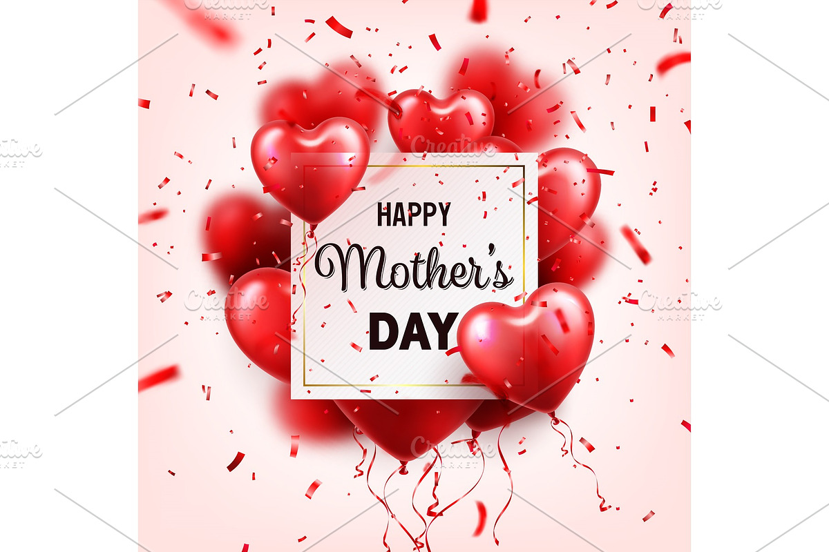 Mothers day background with red hearts balloons and confetti. Greeting card, template. with lettering.Heart shaped. Holiday. in Objects - product preview 8