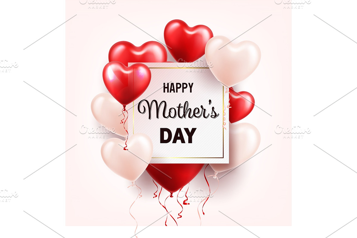 Mothers day background with red hearts balloons. Greeting card, template. with lettering.Heart shaped. Holiday. in Objects - product preview 8