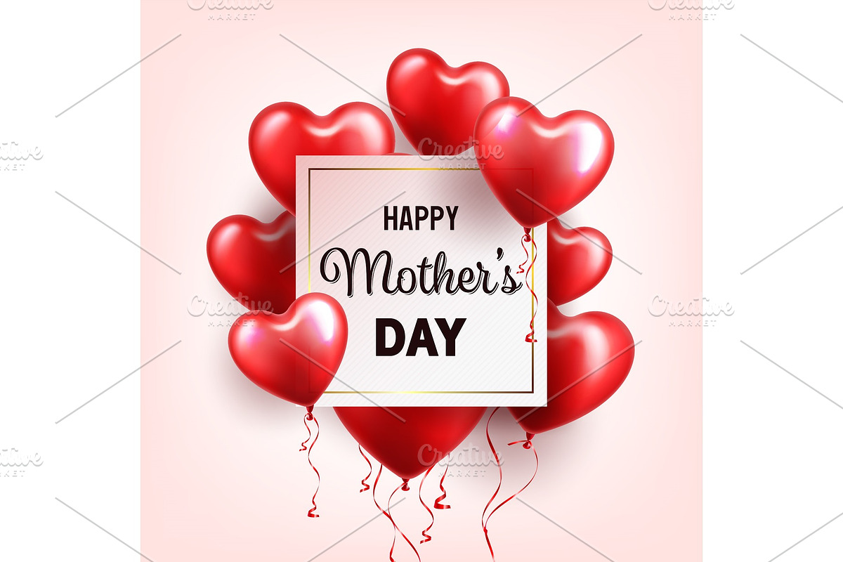 Mothers day background with red hearts balloons. Greeting card, template. with lettering.Heart shaped. Holiday. in Objects - product preview 8