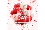 Mothers day background with red hearts balloons and confetti. Greeting card, template. with lettering.Heart shaped. Holiday.