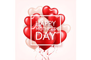 Mothers day background with red hearts balloons. Greeting card, template. with lettering.Heart shaped. Holiday.