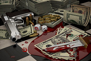 Gun, brass knuckles, blood and money