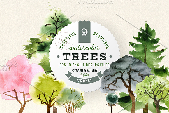 Watercolor trees and patterns in Illustrations - product preview 4