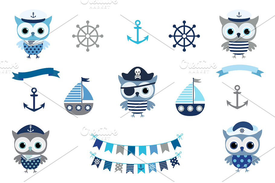 Cute Nautical Sailor Owl Clip Art in Illustrations - product preview 8