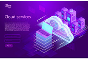 Isometric cloud computing services concept. Vector illustration showing the laptop and web servers. Cloud data storage..