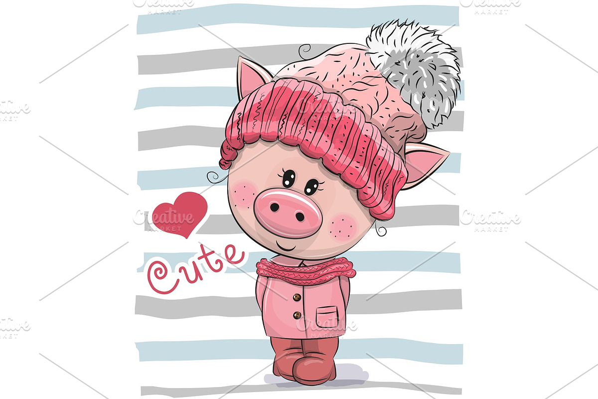 Cute Cartoon Pig girl in a hat and coat in Illustrations - product preview 8