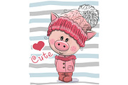 Cute Cartoon Pig girl in a hat and coat