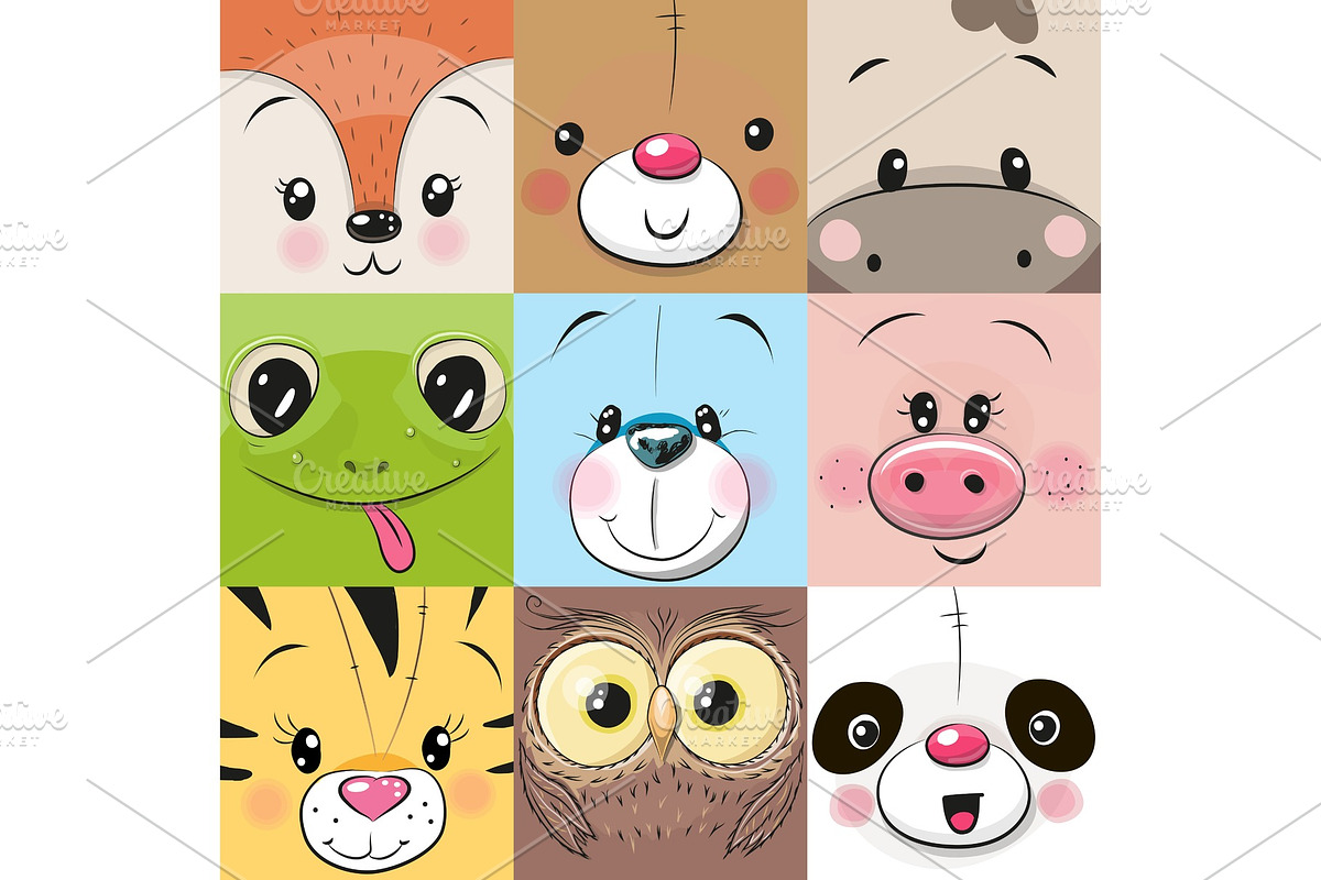 Set of Cute animals faces in Illustrations - product preview 8