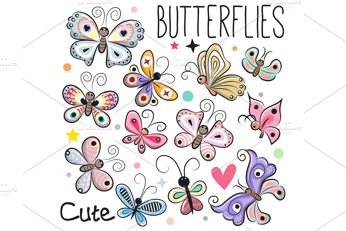 Set of Cute cartoon Butterflies in Illustrations - product preview 8