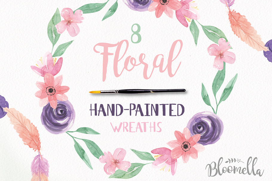 Floral Watercolor Wreath Feather in Illustrations - product preview 8